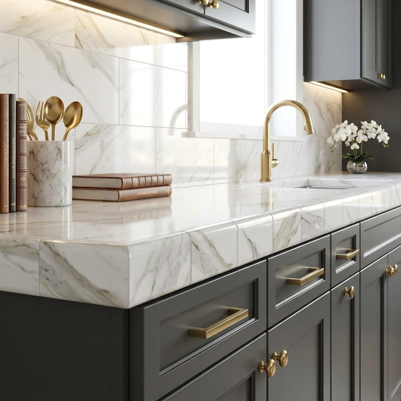 Calacatta Gold Marble Tile 3x6 Polished — Kitchen countertop edge