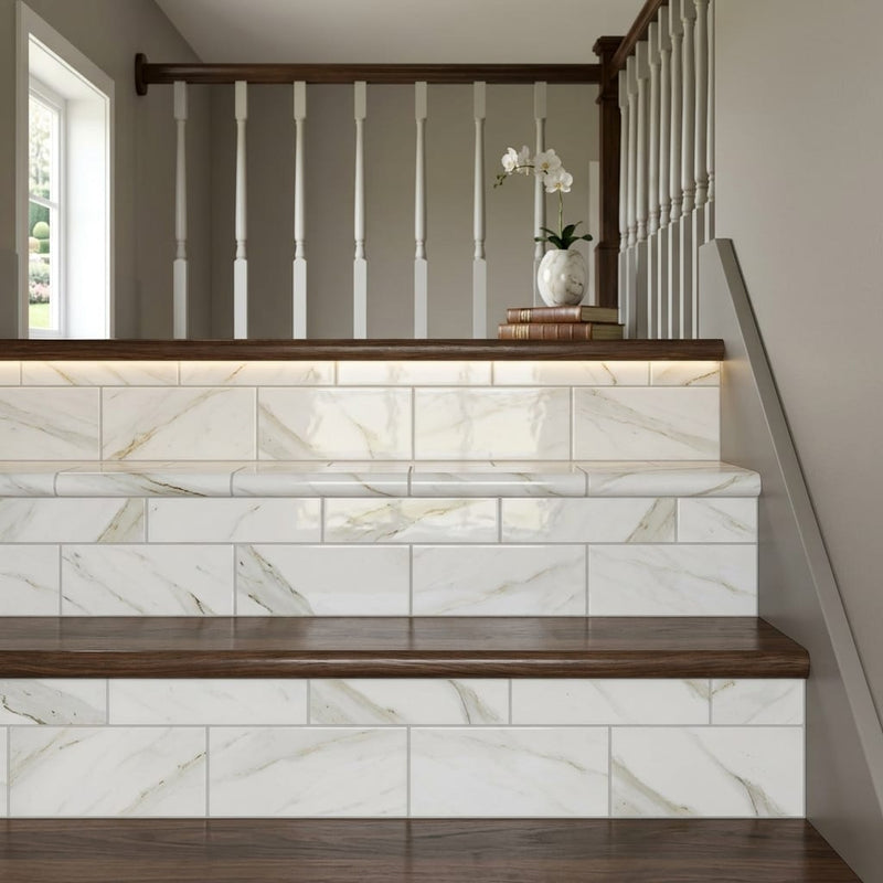 Calacatta Gold Marble Tile 3x6 Polished — Stairway stair riser edge