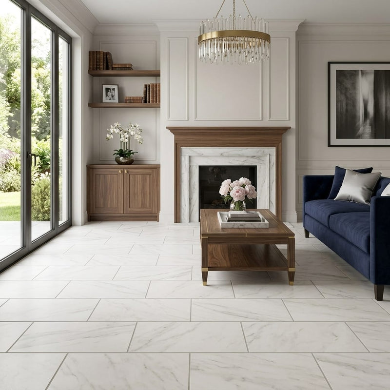 Calacatta Gris 12x24 Honed Marble Tile — Living Room floor