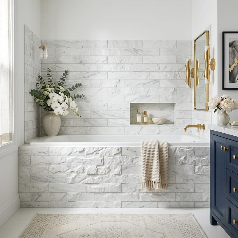 Calacatta Gris 4x16 Split Face Marble Tile — Bathroom tub surround