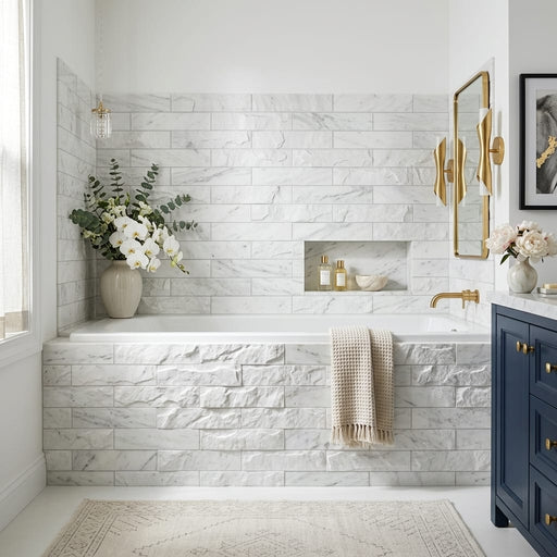 Calacatta Gris 4x16 Split Face Marble Tile — Bathroom tub surround