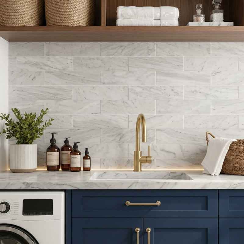 Calacatta Gris 4x16x3/8 Honed Marble Tile — Laundry Room backsplash
