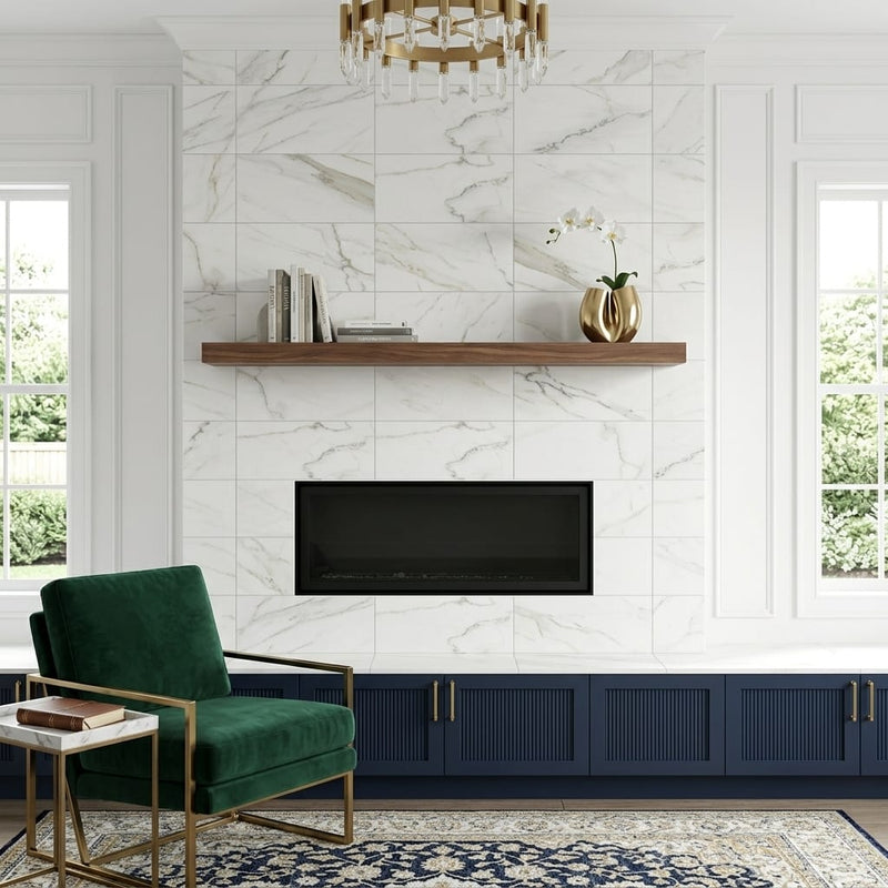 Calacatta Lincoln 12x24 Satin Marble Tile — Living Room fireplace surround