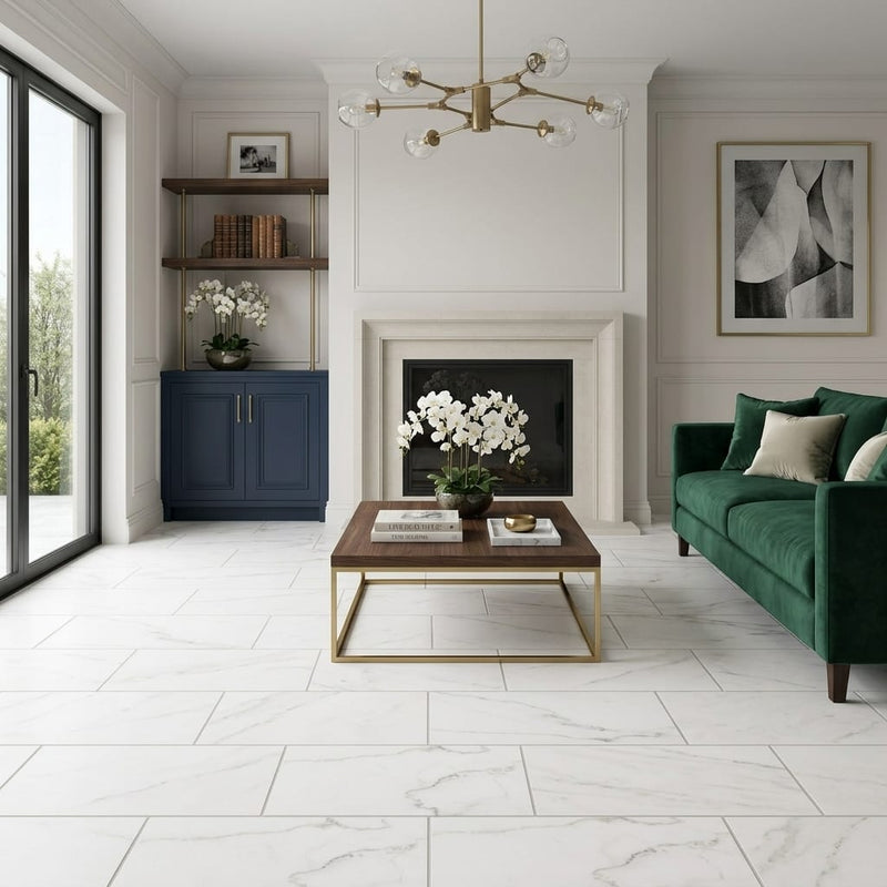 Calacatta Lincoln 12x24 Satin Marble Tile — Living Room floor