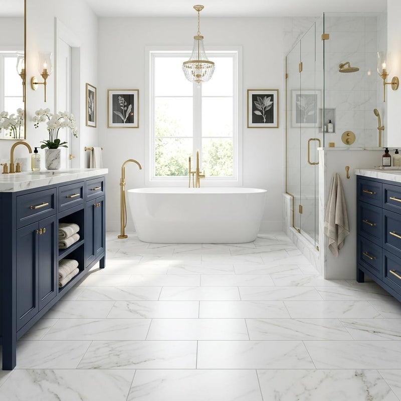 Calacatta Lincoln 12x24 Satin Marble Tile — Primary Bath floor