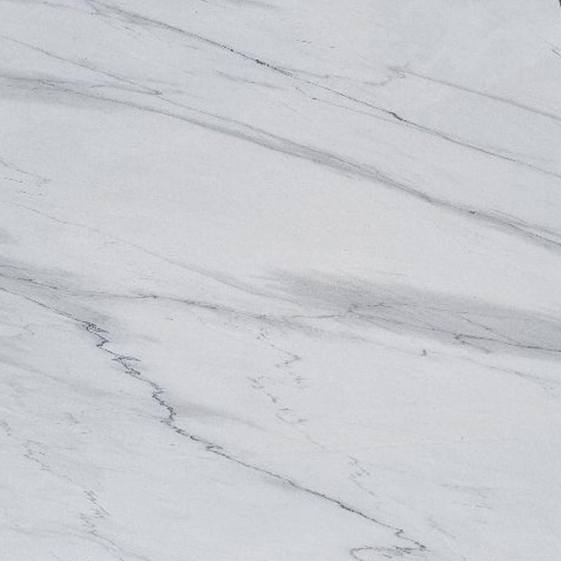 Close-up of Calacatta Lincoln 2cm polished marble slab with a white background and flowing diagonal gray veins.