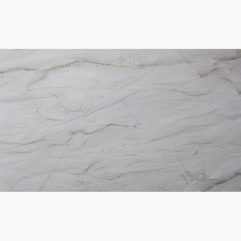 Calacatta Lux quartzite slab with a pale surface, fine gray lines, and subtle beige veining.
