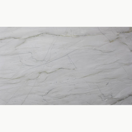 Calacatta Lux quartzite slab with a pale surface, fine gray lines, and subtle beige veining.