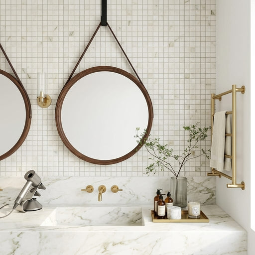 Calacatta Oliva Marble 1x1 Honed Mosaic — Bathroom shower wall