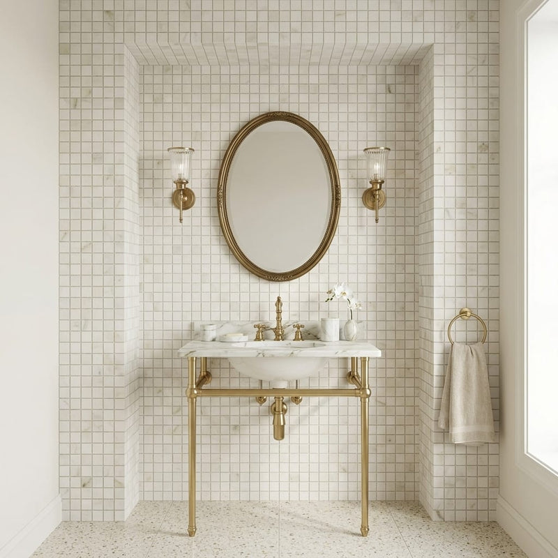 Calacatta Oliva Marble 1x1 Honed Mosaic — Powder Room wall