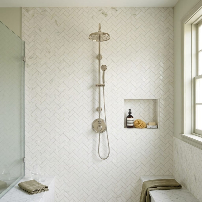 Calacatta Oliva Marble 1x2 Honed Herringbone Mosaic — Bathroom shower wall