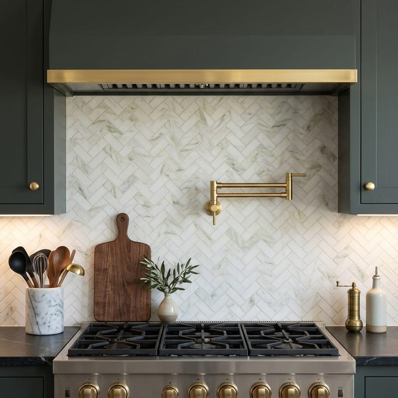 Calacatta Oliva Marble 1x2 Honed Herringbone Mosaic — Kitchen backsplash