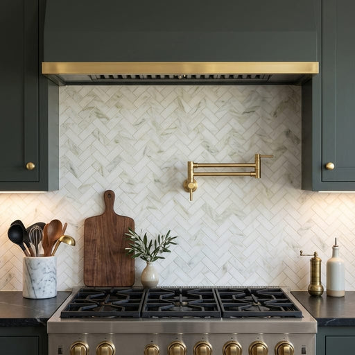 Calacatta Oliva Marble 1x2 Honed Herringbone Mosaic — Kitchen backsplash