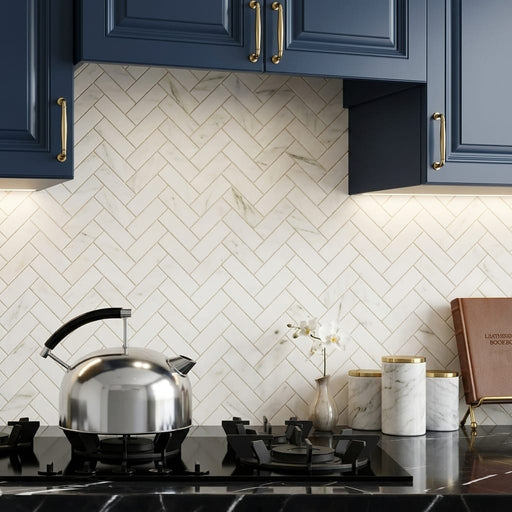 Calacatta Oliva Marble 1x3 Honed Herringbone Mosaic — Kitchen backsplash