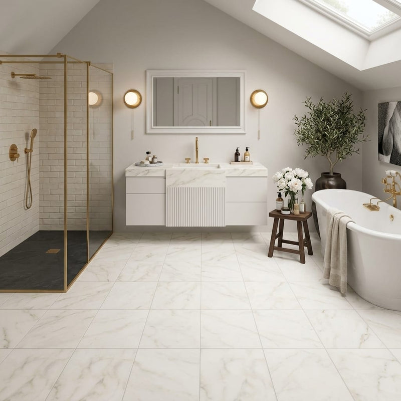 Calacatta Oliva Marble 12x12 Honed Tile — Bathroom floor