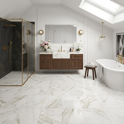 Calacatta Oliva Marble 12x12 Polished Tile — Bathroom floor