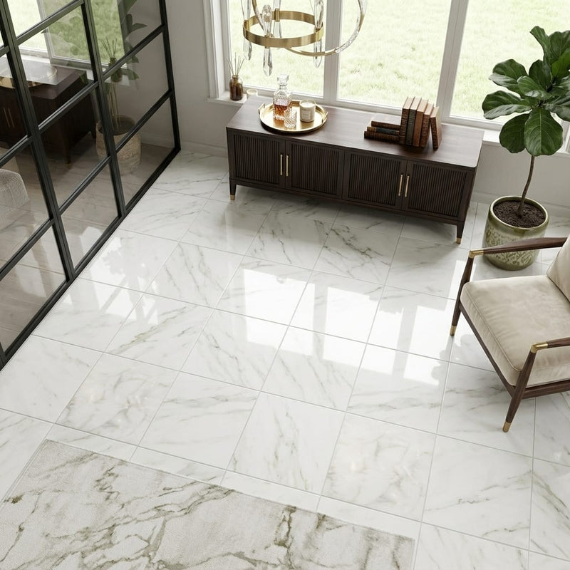 Calacatta Oliva Marble 12x12 Polished Tile — Sunroom floor