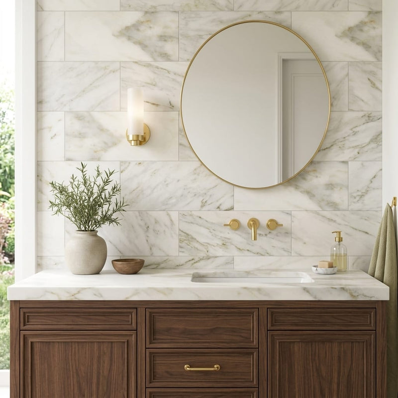 Calacatta Oliva Marble 12x24 Honed Tile — Bathroom vanity wall