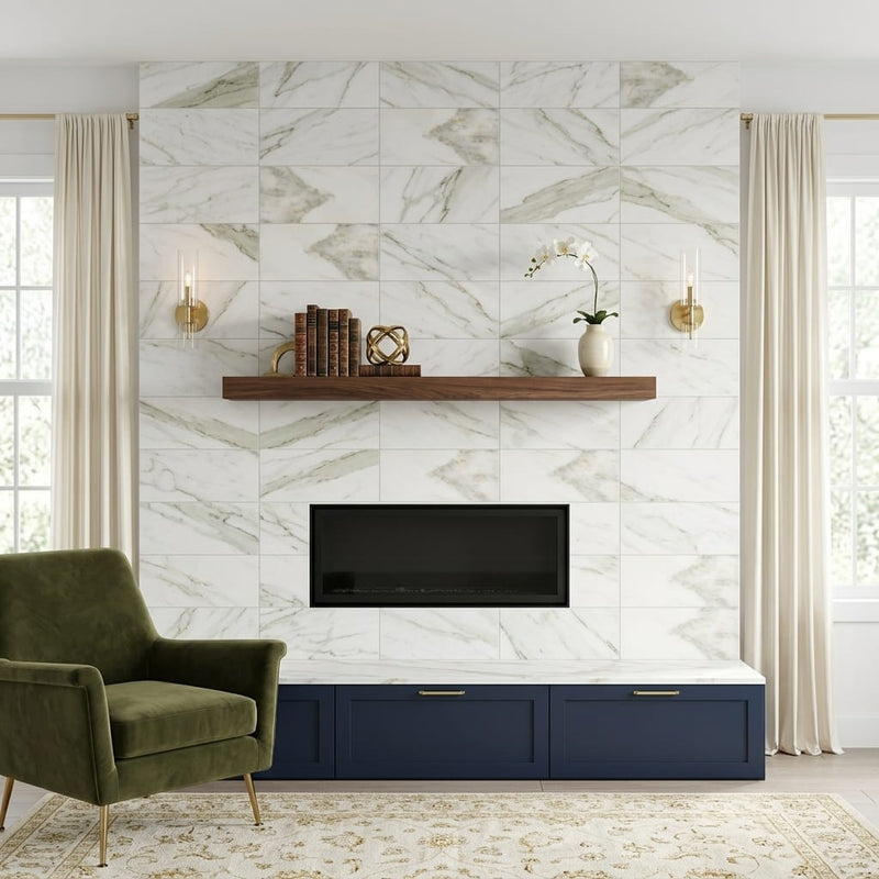 Calacatta Oliva Marble 12x24 Honed Tile — Living Room fireplace surround
