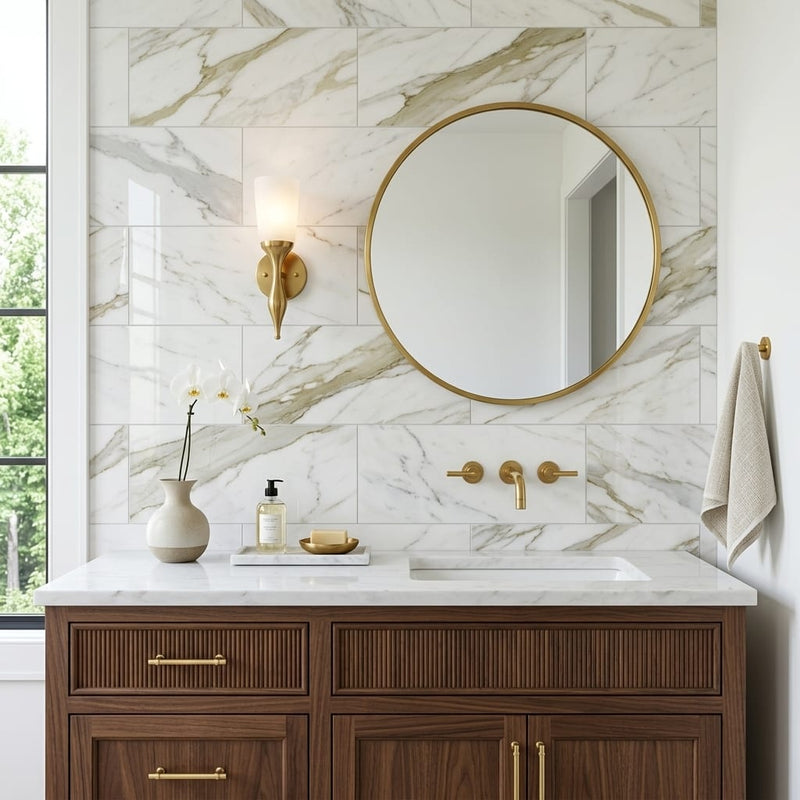 Calacatta Oliva Marble 12x24 Polished Tile — Bathroom vanity wall