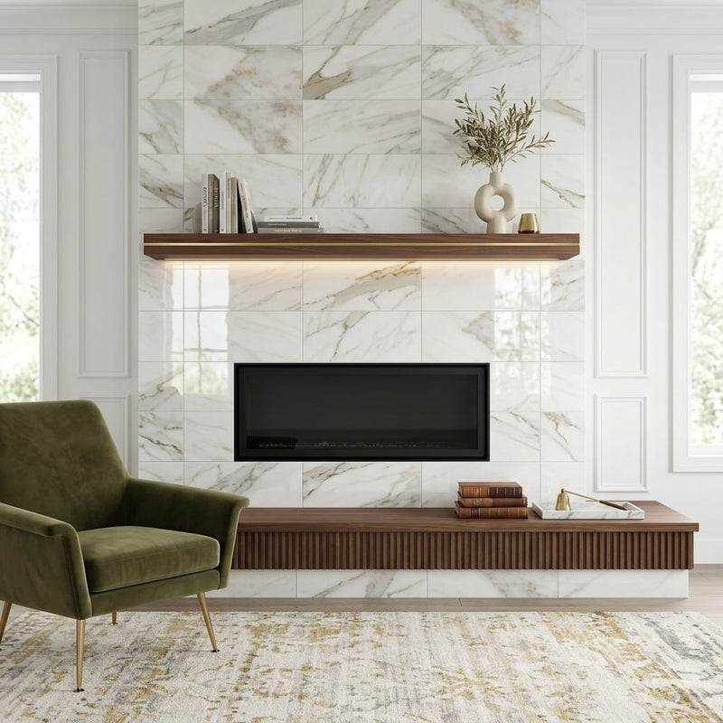 Calacatta Oliva Marble 12x24 Polished Tile — Living Room fireplace surround