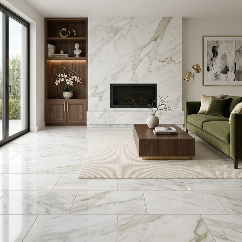 Calacatta Oliva Marble 12x24 Polished Tile — Living Room floor