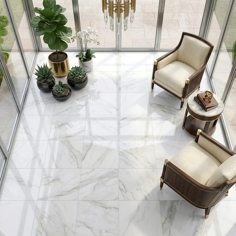 Calacatta Oliva Marble 18x18 Polished Tile — Sunroom floor