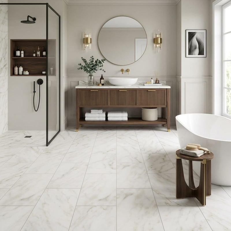 Calacatta Oliva Marble 18x36 Honed Tile — Bathroom floor