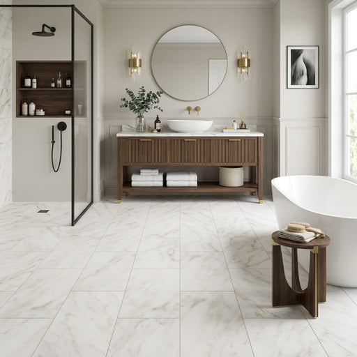 Calacatta Oliva Marble 18x36 Honed Tile — Bathroom floor