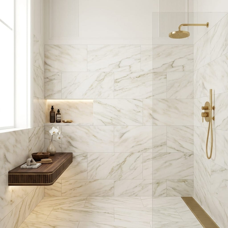 Calacatta Oliva Marble 18x36 Honed Tile — Bathroom shower wall