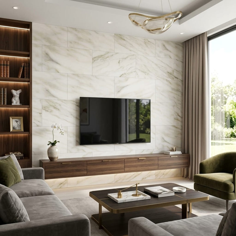 Calacatta Oliva Marble 18x36 Honed Tile — Living Room feature wall