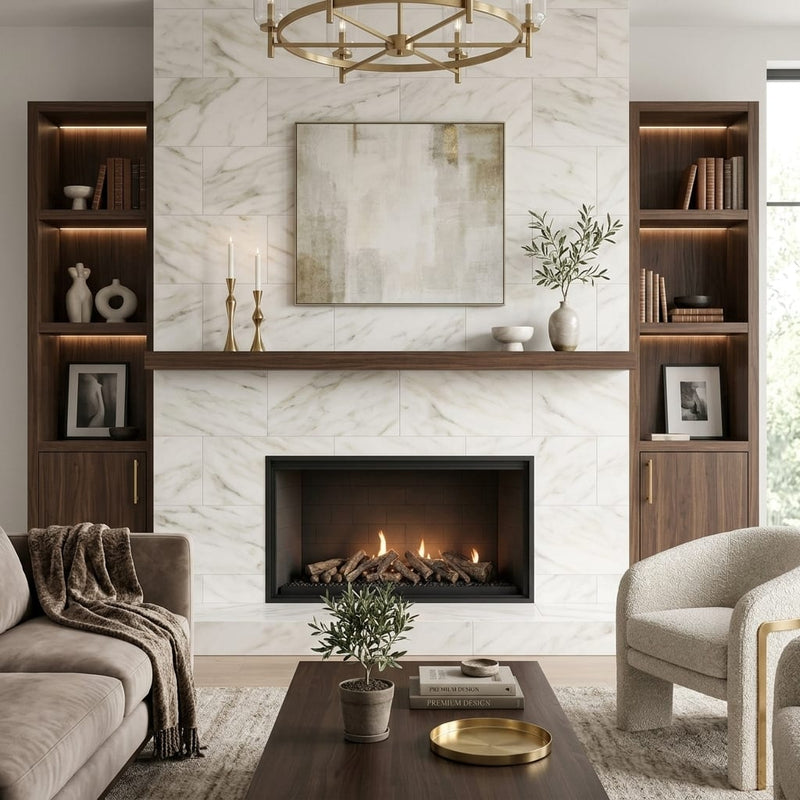 Calacatta Oliva Marble 18x36 Honed Tile — Living Room fireplace surround