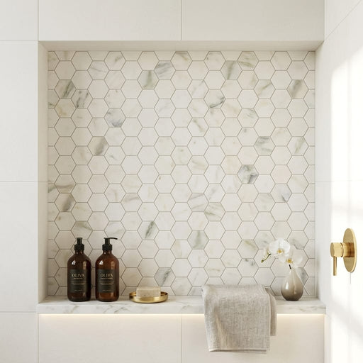 Calacatta Oliva Marble 2x2 Honed Hexagon Mosaic — Bathroom niche