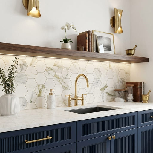 Calacatta Oliva Marble 2x2 Honed Hexagon Mosaic — Kitchen backsplash