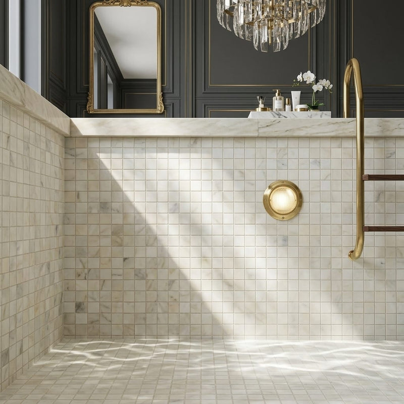 Calacatta Oliva Marble 2x2 Honed Mosaic — Swimming Pool pool interior tiling