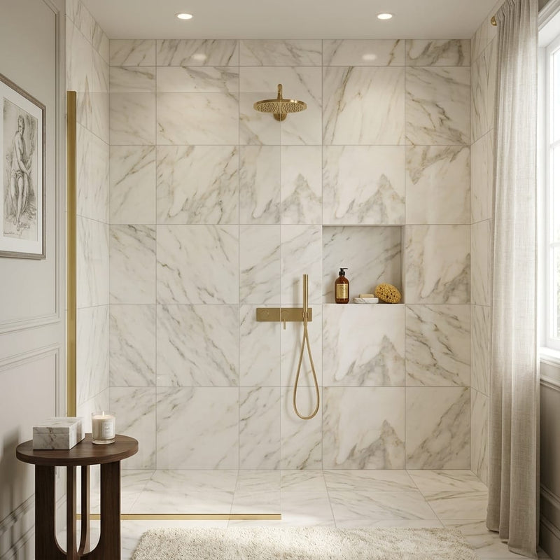 Calacatta Oliva Marble 24x24 Honed Tile — Bathroom shower wall