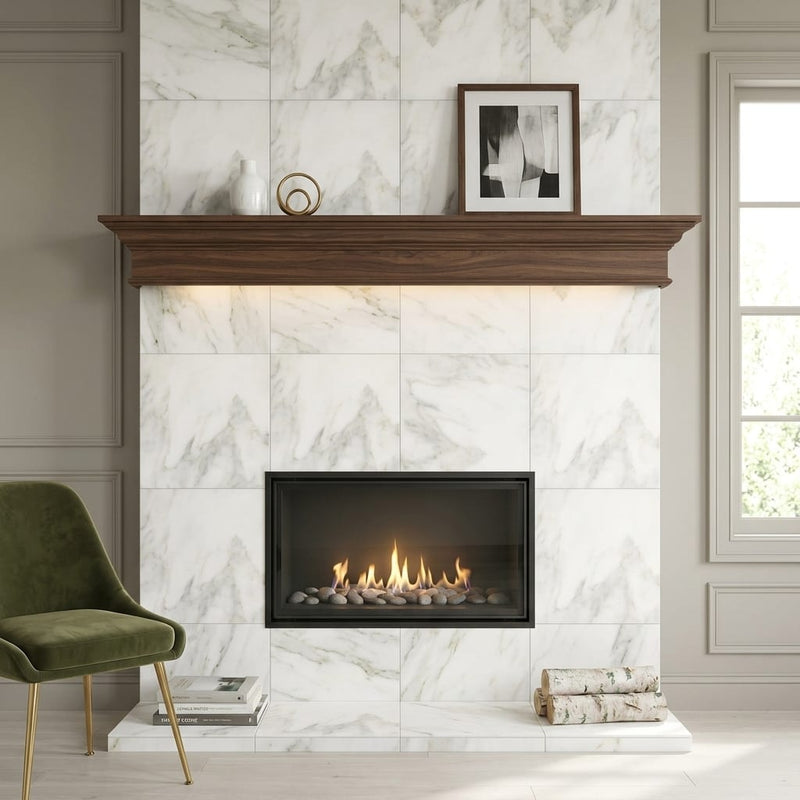 Calacatta Oliva Marble 24x24 Honed Tile — Living Room fireplace surround