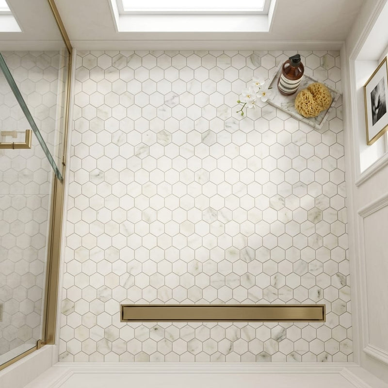 Calacatta Oliva Marble 3x3 Honed Hexagon Mosaic — Bathroom shower floor