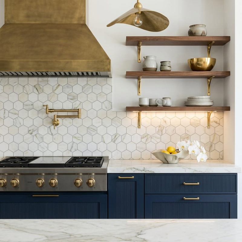 Calacatta Oliva Marble 3x3 Honed Hexagon Mosaic — Kitchen backsplash