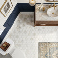 Calacatta Oliva Marble 3x3 Honed Hexagon Mosaic — Powder Room floor