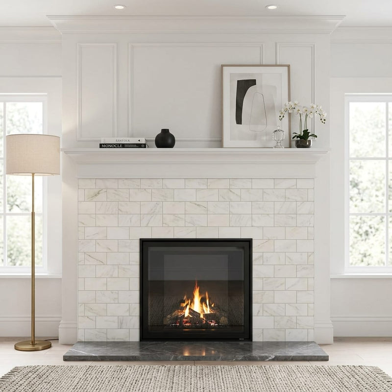 Calacatta Oliva Marble 3x6 Honed Tile — Living Room fireplace surround