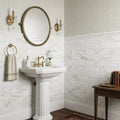 Calacatta Oliva Marble 3x6 Honed Tile — Powder Room wainscot