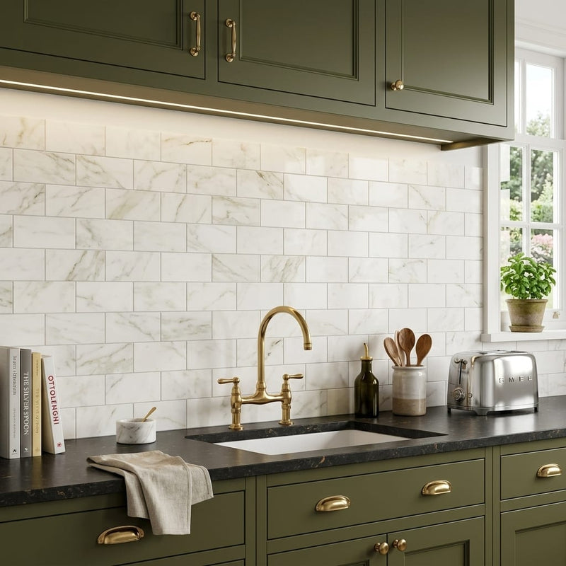 Calacatta Oliva Marble 3x6 Honed Tile — Kitchen backsplash