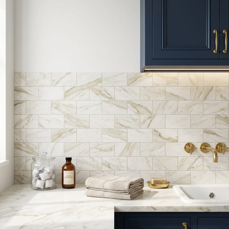 Calacatta Oliva Marble 3x6 Honed Tile — Laundry Room backsplash