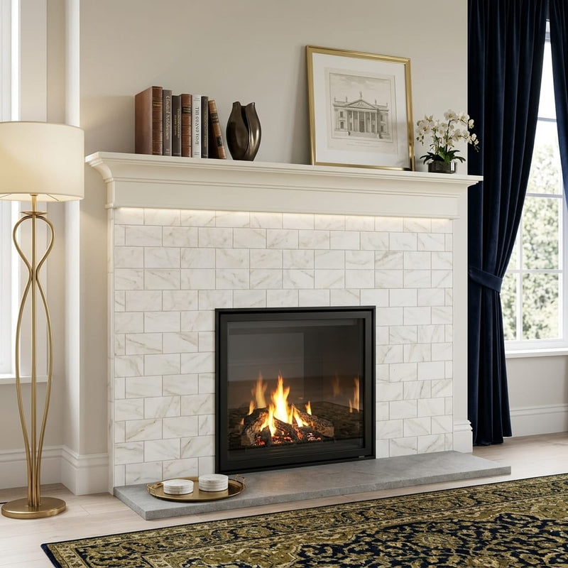 Calacatta Oliva Marble 3x6 Honed Tile — Living Room fireplace surround