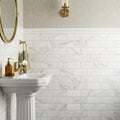 Calacatta Oliva Marble 3x6 Honed Tile — Powder Room wainscot