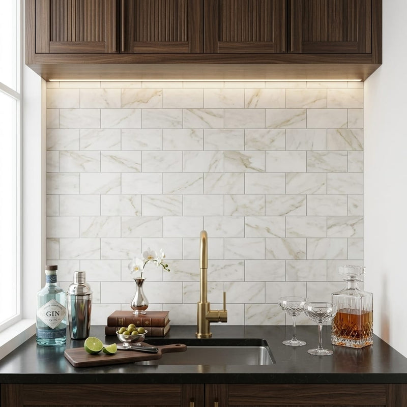 Calacatta Oliva Marble 3x6 Honed Tile — Wet Bar backsplash
