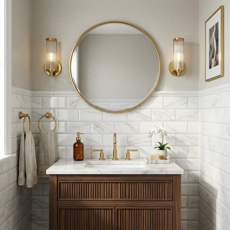 Calacatta Oliva Marble 3x6 Polished Tile — Powder Room wainscot