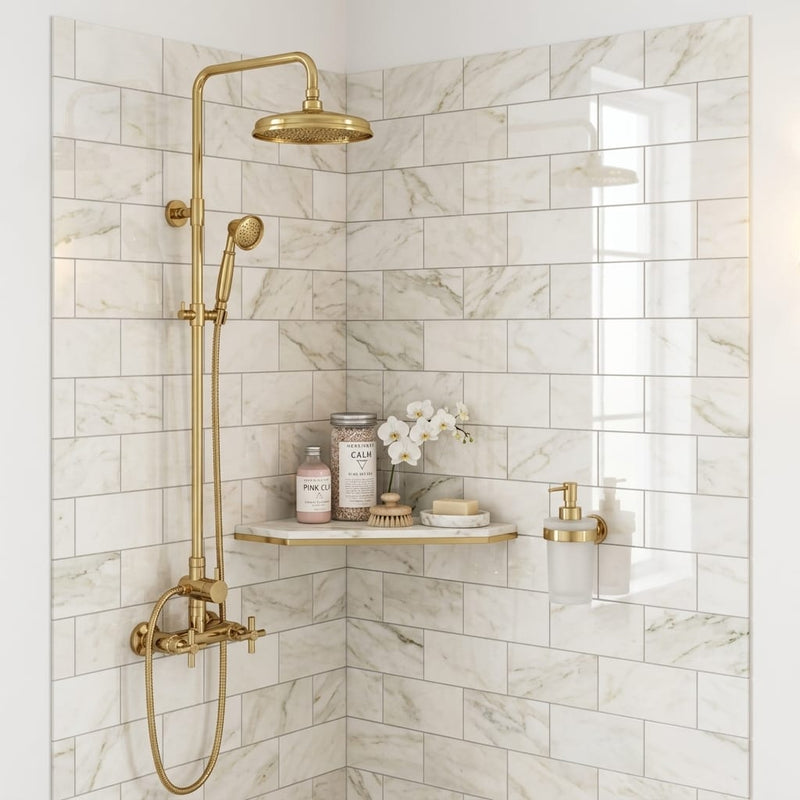 Calacatta Oliva Marble 3x6 Polished Tile — Bathroom shower wall