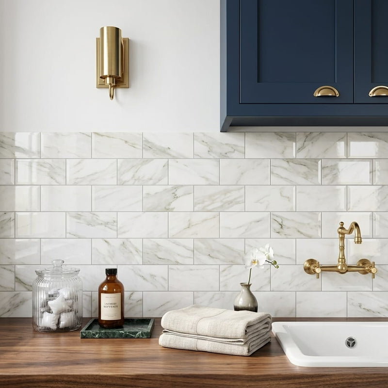 Calacatta Oliva Marble 3x6 Polished Tile — Laundry Room backsplash